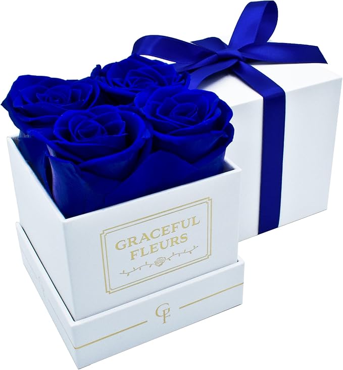Graceful Fleurs | Real Long Lasting Roses for Years | Preserved Fresh Flowers for Delivery Birthday | Birthday Gifts for Women | Forever Roses in a Box (Blue, White Box, 4 Roses)