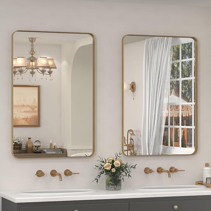 2 Pack of 24x36 Gold Bathroom Mirror, Rounded Rectangle Gold Frame Mirror, Brushed Gold Brass Bathroom Vanity Mirror Wall-Mounted, Anti-Rust, Hangs Horizontally or Vertically