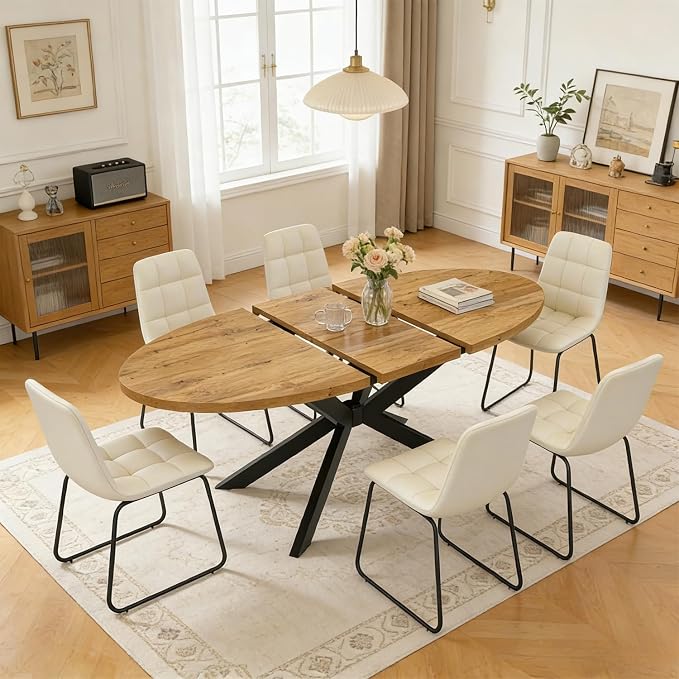 63"-78.7" Extendable Round Dining Table Set for 6, 7 Piece Mid Century Modern Oval Kitchen Table Set, Large Dining Table with 6 Dining Chairs for Living Room Space Saving（Walnut Table+6 Beige Chairs)