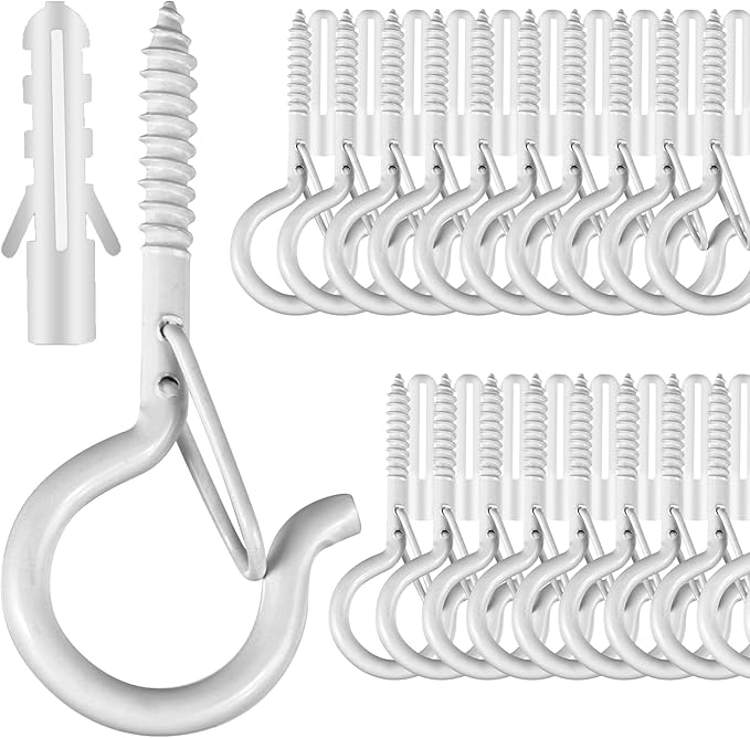 FSAH 35 PCS Screw-in Hooks for Outdoor String Lights, Q Hangers Hooks Outdoor for Outside, Swivel Hanging Basket Patio Light Hooks with Safe Buckle Screw in Planter Eye Hook for Wall Ceiling, White
