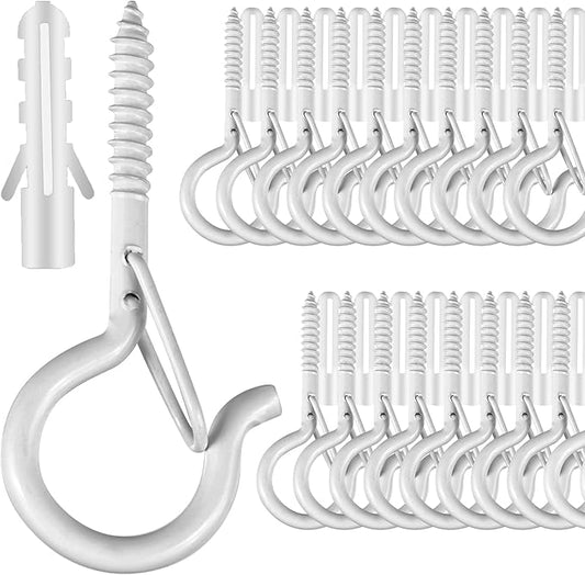 FSAH 35 PCS Screw-in Hooks for Outdoor String Lights, Q Hangers Hooks Outdoor for Outside, Swivel Hanging Basket Patio Light Hooks with Safe Buckle Screw in Planter Eye Hook for Wall Ceiling, White