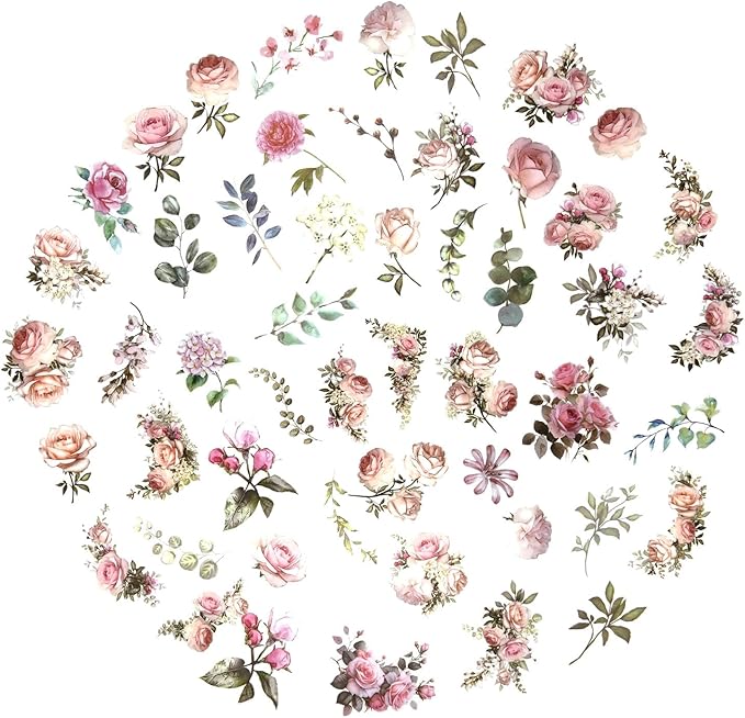 Obujopal 100 Pcs Pink Flower Stickers for Scrapbooking Junk Journal Notebook Diary Planner Letter Card Making Collage Envelope Water Bottle Phone Case Craft Decoration (Pink)