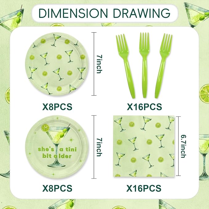48PCS Green Martini Birthday Decorations Plates,A Tini Bit Older Birthday Party Plates Napkins Forks For 16 Guests,Martini Party Decorations