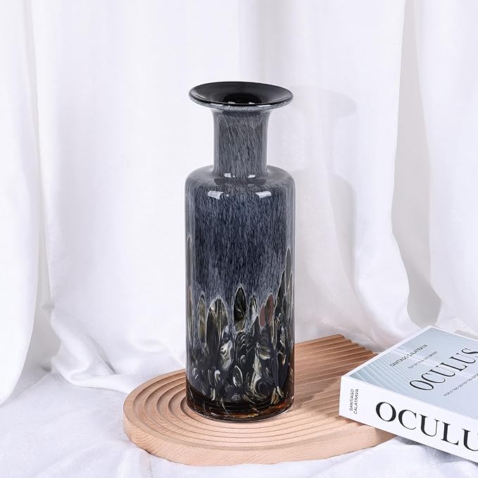 Hand-Blown Glass vase, Modern Art Glass Cylindrical vase, Gray Glass Decorative vase, Ideal for Living Room Dining Table centerpieces, TV Console, Office, or Console Table Accents.