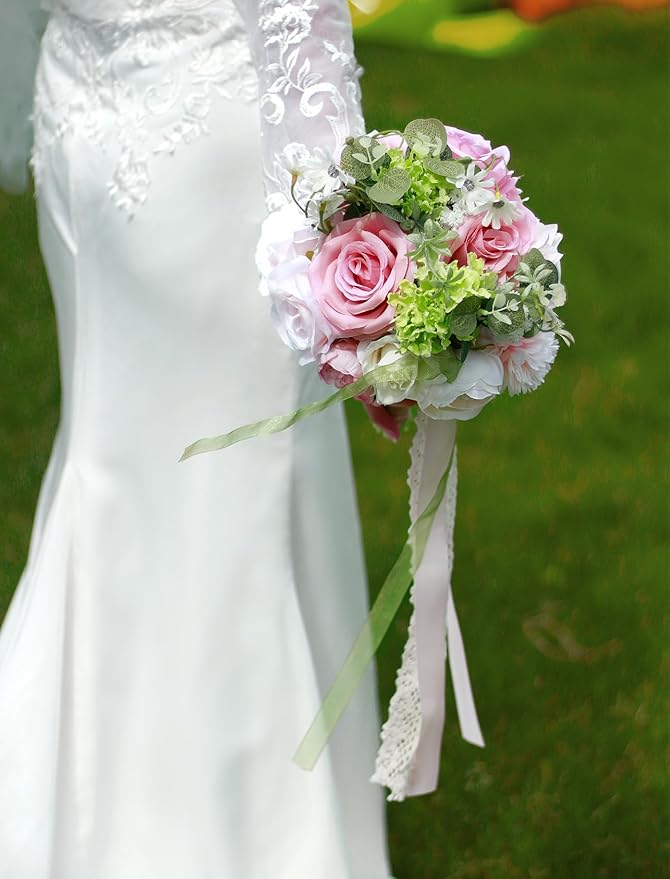 8.6in Blush Wedding Bouquets for Bride Bridesmaid, Pastel Pink White Green Bouquet Artificial Fake Silk Roses Flowers for Wedding Spring Garden Boho Rustic Decoration Toss Bouquet