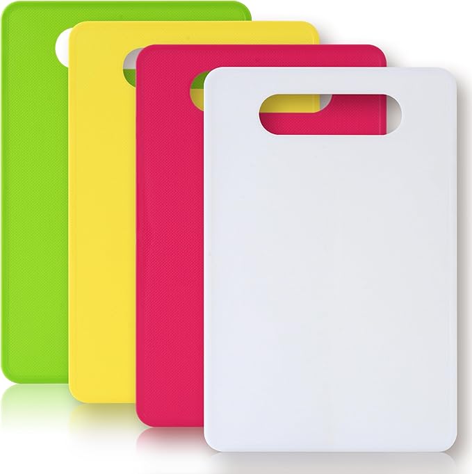 Cutting Board Set of 4, 11.4" x 7.5" x 0.1", Red Green Yellow White, Plastic Kitchen Cutting Boards with Juice Groove & Handle Hole, Lightweight & Dishwasher Safe