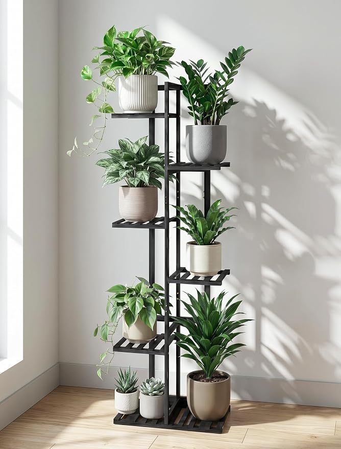 ROSSNY 48 Inch Tall Plant Stand Indoor, 6 Tier 7 Potted Bamboo Plant Stands for Indoor Plants, Corner Plant Stand, Tiered Plant Stands, Plant Shelf For Indoor, Planter Holder for Multiple Plants Indoor, Black