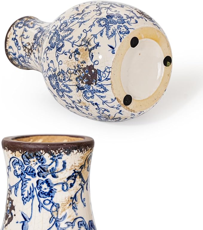 Sungmor Blue and White Ceramic Flower Vase, Vintage Ice Cracked Glaze Porcelain Vase, Pretty Centerpieces Flower Arrangement Vase for Home Decor, 8.2 Inch Decorative Vases for Table, Shelf, Mantel