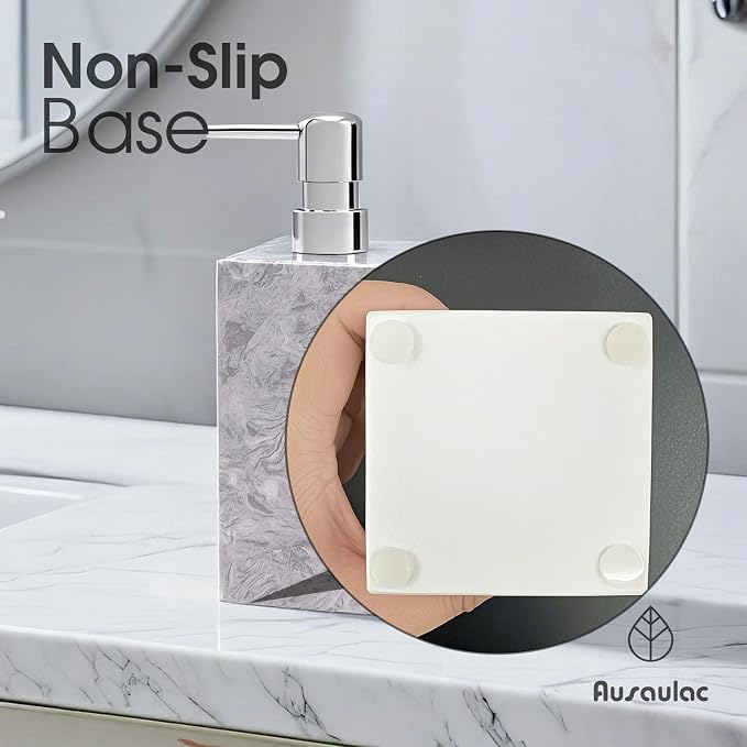 Real Natural Marble Soap Dispenser with Stainless Steel Pump Decorative Liquid Hand Soap Bottle for Kitchen Bathroom, Compatible with Lotion, Dish Soap Shower Gel (Grey 1 Set)