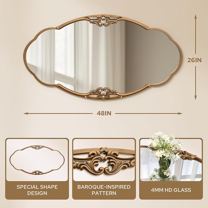 Besdomus Large Vintage Wall Mirror: 48"x26" Antique Gold Ornate Mirror - Classic Baroque Wall Decor for Entryway/Living Room/Bathroom/Hallway - Ideal for Home Decor Enthusiast
