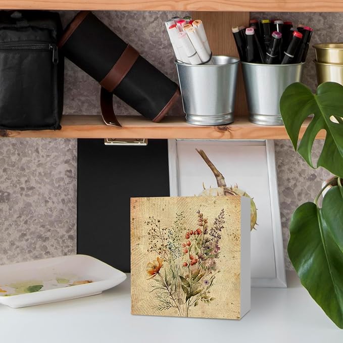 Vintage Fall Wildflower Wooden Box Sign, Floral Desk Decor, Retro Floral Decorative Signs for Office, Living Room, Bedroom, Botanical Flowers Home Shelf Decor - 5x5 Inch