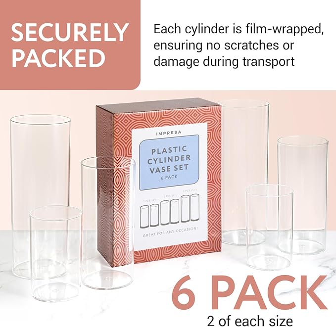 Impresa Clear Acrylic Cylinder Vase Set - 6", 9" & 12", Pack of 6 Shatterproof Plastic Vases - Wedding Centerpiece Decor - Versatile Floral Display & Home Decor