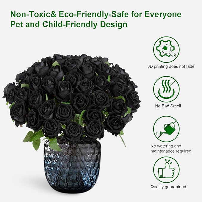 Fake Plants Roses Flowers Plastic Flowers Spring Decorations for Home Gifts for Gf Roses Artificial Flowers for Vase Fake Flowers Home Decor 19.6"(Black 50PCS)