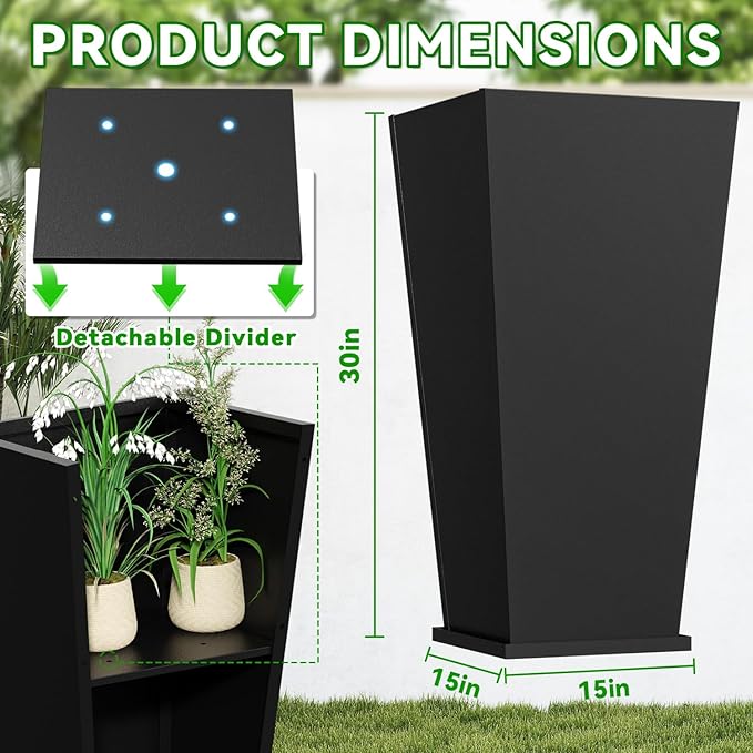 Metal Planter 2 Pack, 15L x 15W x 30H, Heavy Duty Tall Planters for Outdoor Plants, Black Planters with Removable Insert Shelf, Large Planters with Drainage Holes for Porch, Patio, Black