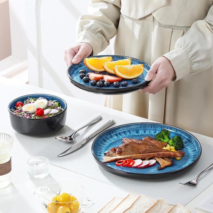 vancasso PLAYA Plates and Bowls Sets, 24 Pieces Blue Dinnerware Sets for Kitchen, Reactive Glaze Dishes Set for 8, Dishwasher and Microwave Safe