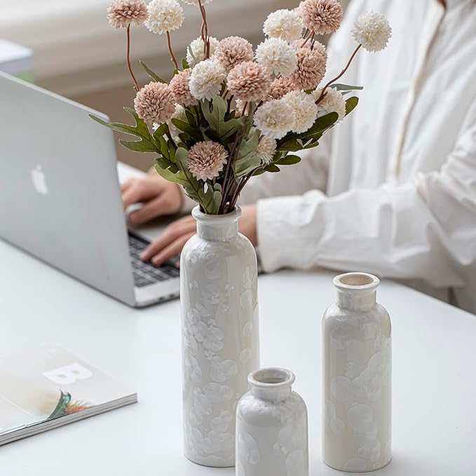 Modern Ceramic Vase Set of 3, White Crystalline Glaze Colors, Decorative Bottles for Home, Farmhouse Rustic Decor Housewarming Gifts, Wedding Gifts, Birthday Gifts for Women(Crystalline Glaze White)