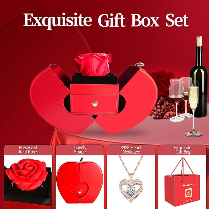 Preserved Flower Red Rose with Heart Necklace, Gifts for Mom, Girlfriend, Women, Wife, Grandma on Christmas, Valentine's Day, Mother's Day, Birthday, Anniversary, Thanksgiving