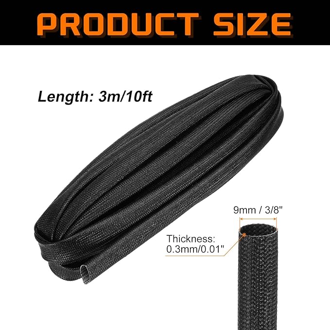 MECCANIXITY 10ft Braided Cable Sleeve, 3/8" ID 200C High Temperature 1500V Fiberglass Wire Insulation Cord Protector Organizer Wires Management for Motor Engine Fuel Line, Black