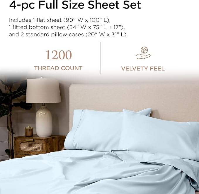 Threadmill Luxury Full Size Sheets for Full Size Mattress, 1200 Thread Count Supima Cotton Sheets for Full Mattress, 5-Star Hotel Quality 4 Piece Bed Sheets with Extra Deep Pocket, Light Blue