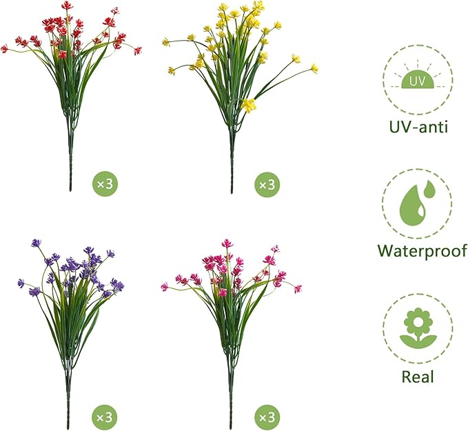 Artificial Flowers, 12 Bundles UV-Resistant and Not-Fading PE Faux Plants Flowers for Outdoor Planters Home Garden Porch Wedding Décor, Yellow Purple Pink Red