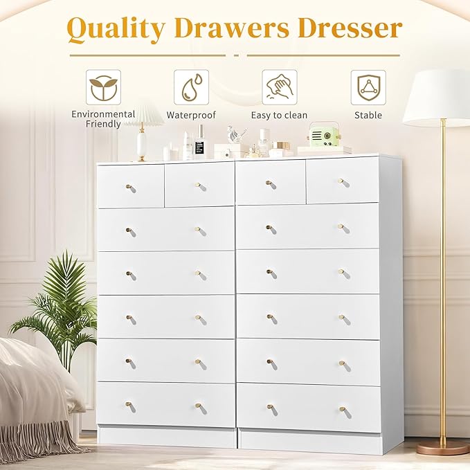 Karl home White 7 Drawer Dresser for Bedroom, Tall Dresser Chest of Drawers, Rustic Wood Bedroom Dressers Clothes Organizer, Anti-Tipping Device, Rose Gold Metal Handle, Living Room, Entryway, Office
