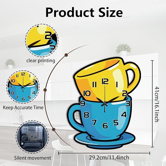Stacked Coffee Cups Wall Clock Irregular Shape Decorative Wall Clock Cartoon Style Non-Ticking Clock for Home Office Decoration, 16.14×11.49 inch