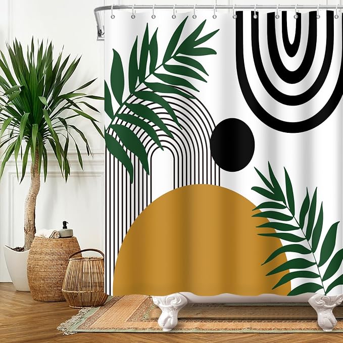 Boho Mid Century Shower Curtain Bohemian Abstract Modern Sun Bathroom Curtain Geometric Arch Curve Leaves Polyester Shower Curtain Sets for Bathroom Extra Long 72x72 in with 12 Hooks