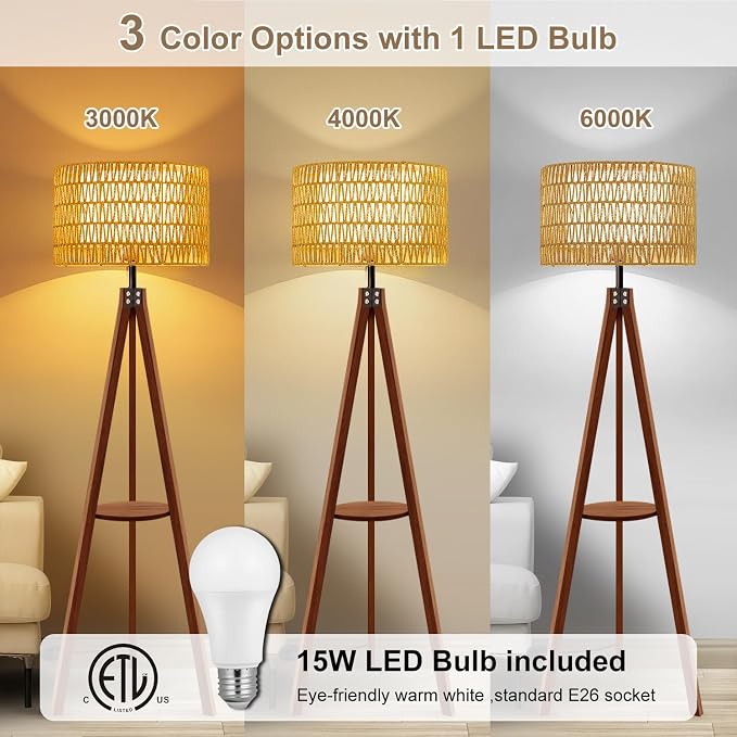 Rattan Wood Floor Lamp Tripod with Shelves, Mid Century Modern Floor Lamps for Living Room, 3 Color Temperatures with Foot Switch, Boho Standing Lamp for Bedroom Decor Walnut Brown Tall Lamps