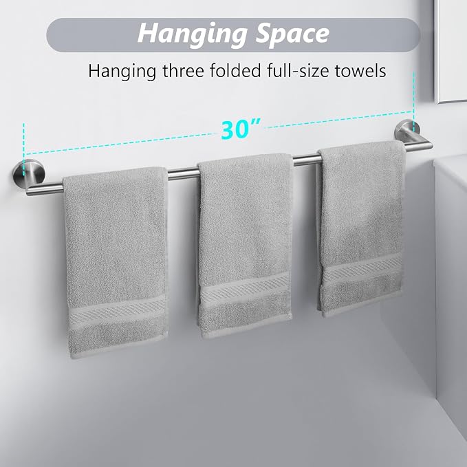 JunSun Towel Bar 30 Inch Bathroom Towel Rack Heavy Duty Bath Towel Holder Modern Towel Rod Brushed Silver Towel Hanger Bathroom Accessories Silver Towel Rail Stainless Steel Single Bar Brushed Nickel