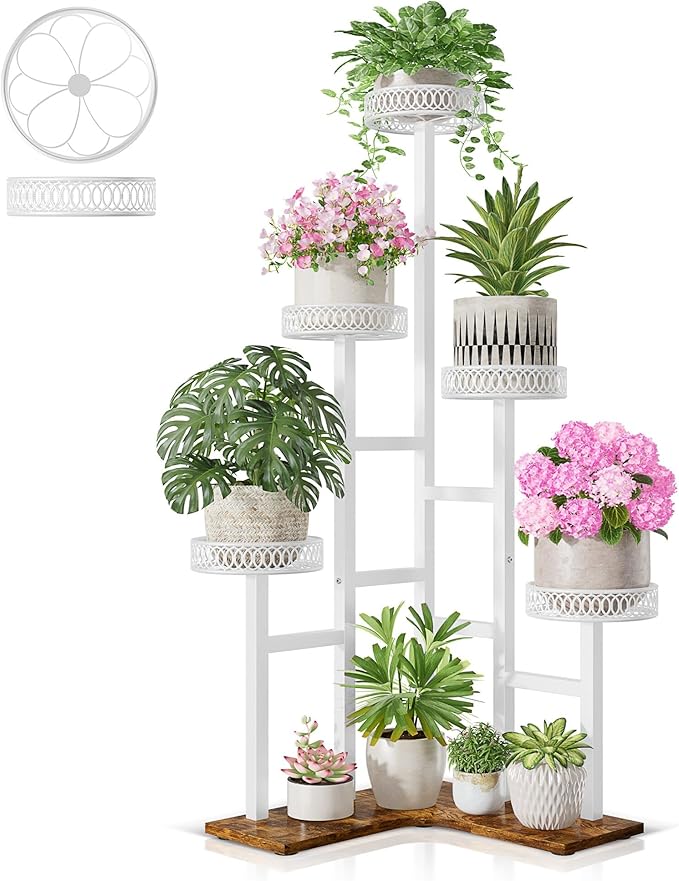 Plant Stand Indoor Outdoor, 6 Tier Tall Metal Wood Shelf Holder Display Rack Flower Pot Stand for Patio Garden Balcony Living Room Bedroom