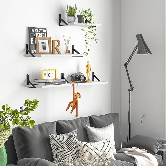 YGEOMER White Floating Shelves for Wall, Different Sizes Rustic Wall Shelves for Living Room, Bathroom, Bedroom, Kitchen, Home Decor (Set of 4)