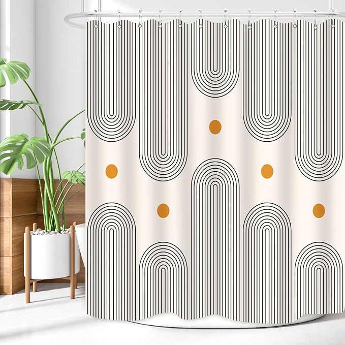Mid Century Shower Curtain Boho Minimalist Abstract Arch Sun Simple Lines Geometric Modern Beige Bathroom Decor Waterproof Fabric 72Lx60W Inch with 12pcs Plastic Hooks