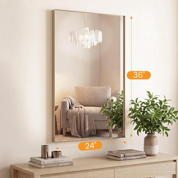 Sweetcrispy Bathroom Mirrors for Over Sink, 24" x 36" Rectangle Wall Mount Mirror with Metal Frame, Modern Vanity Mirror with Tempered Glass, for Home Decor, Anti-Rust, Gold