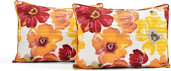 Lush Decor Leah Reversible Floral Quilt Set, 3 Piece Set, Full/ Queen, Red & Orange - Watercolor Botanical - Cottage Core - French Country Decor- Bedding Queen Size