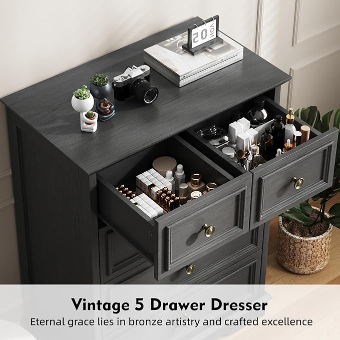 5 Drawer Dresser for Bedroom, Black Wooden Dresser and Chest of Drawers with Metal Handle, Bedroom Drawer Dressers for Living Room, Entryway, Hallway