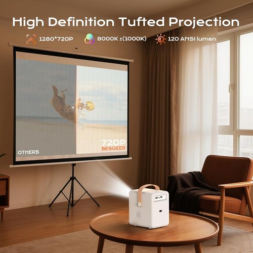 BESGEER Mini Projector - WiFi & Bluetooth 1080p Portable Projector for DIY Rug Tracing | Cream White