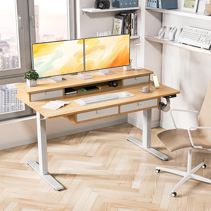 Kingant Standing Desk with Fast Charging USB Ports, 55" x 30" Height Adjustable Home Office & Gaming Desk, Sit Stand Desk with Built-in Storage Shelf, Hook & Ergonomic Design(Maple)
