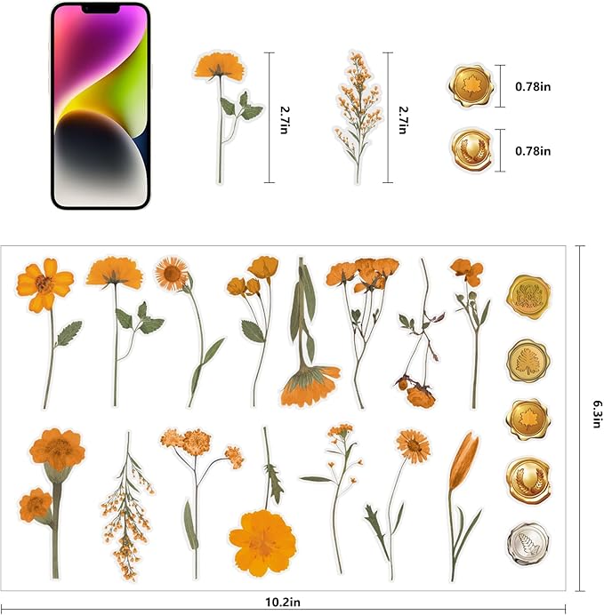 NESSCCI Pressed Flower Themed Stickers (Assorted 240 Pieces,12 Sheets) Scrapbook Supplies,Sticker for Journaling, Dried Floral Resin,Scrapbook Stickers,Junk Journal Sticker