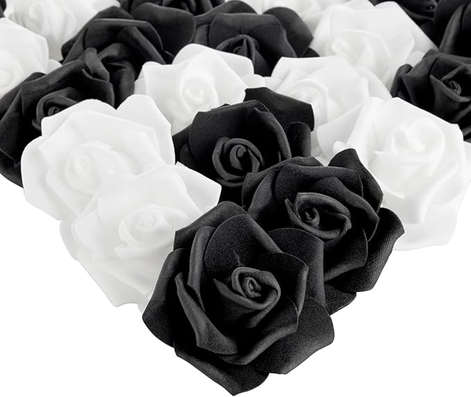 Bright Creations Black & White Roses Stemless Foam Rose Heads - 100 Pack, 3 in Polyethylene Craft Foam - Faux Flowers for DIY Arrangements & Wedding Flowers