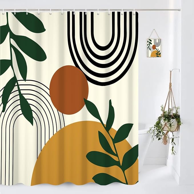 Boho Geometric Shower Curtain Beige Mid Century Abstract Arch Curve Bathroom Curtain Minimalistic Sun Shower Curtain Sets for Bathroom Extra Long 69x70 in with 12 Hooks