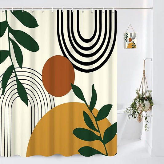 Boho Geometric Shower Curtain Beige Mid Century Abstract Arch Curve Bathroom Curtain Minimalistic Sun Shower Curtain Sets for Bathroom Extra Long 66x72 in with 12 Hooks