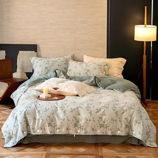 VM VOUGEMARKET Botanical Leaves Duvet Cover Set King Linen Cotton Bedding Set,3D Jacquard Yarn-Dyed Textured Comforter Cover with Button Closure-104 x90,Sage Green