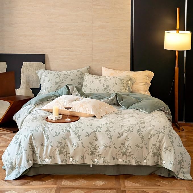 VM VOUGEMARKET Linen Cotton Duvet Cover Queen,3 Pcs Yarn-Dyed Jacquard Textured Duvet Cover with Button Closure Botanical Leaves Bedding Set-90"x90",Sage Green