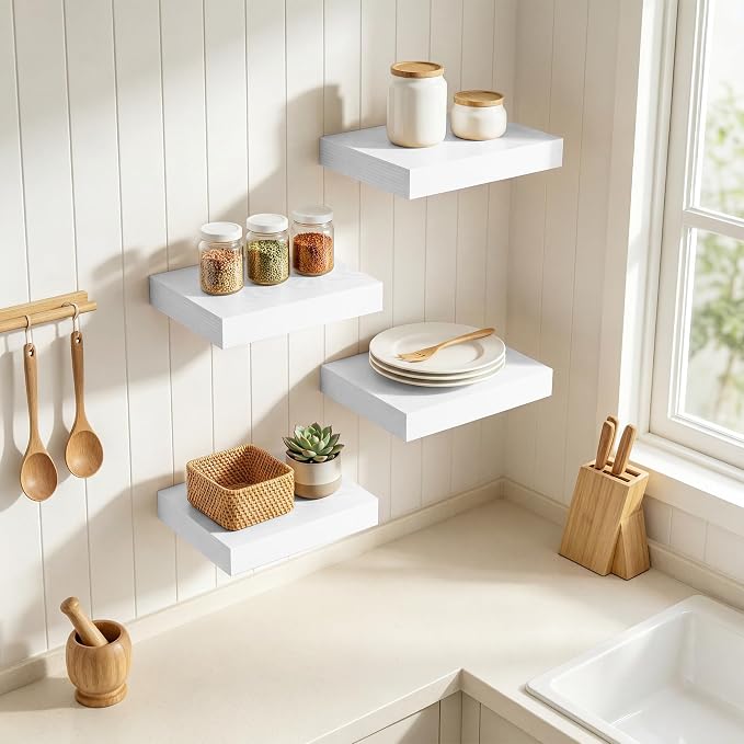 RICHFOCUS 8 Inch Floating Shelves for Wall Small Square Shelves Set for Bedroom|Kitchen|Bathroom|Laundry Room Rustic Wood Wall Mounted Shelf with Invisible Brackets for Books|Storage|Decor, White