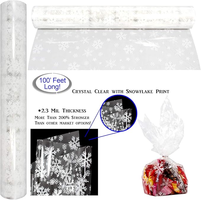 AnapoliZ Christmas Cellophane Wrap Roll | 100’ Ft. Long X 16” in. Wide | 2.3 Mil Thick Crystal Clear with Snowflakes| Gifts, Baskets, Treats, Cello Wrapping Paper | Xmas Snowflakes Holiday Design
