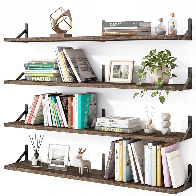 YGEOMER Floating Shelves for Wall, 35in Brown Wall Shelves for Living Room, Bathroom, Bedroom, Kitchen, Home Decor (Set of 4)