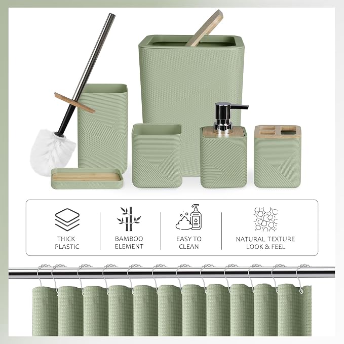 CERBIOR Bathroom Accessory Set with Shower Curtain, Includes Shower Curtain,Soap Dispenser, Toothbrush Holder, Toothbrush Cup, Soap Dish for Decorative Countertop and Housewarming Gift,Green,20PC