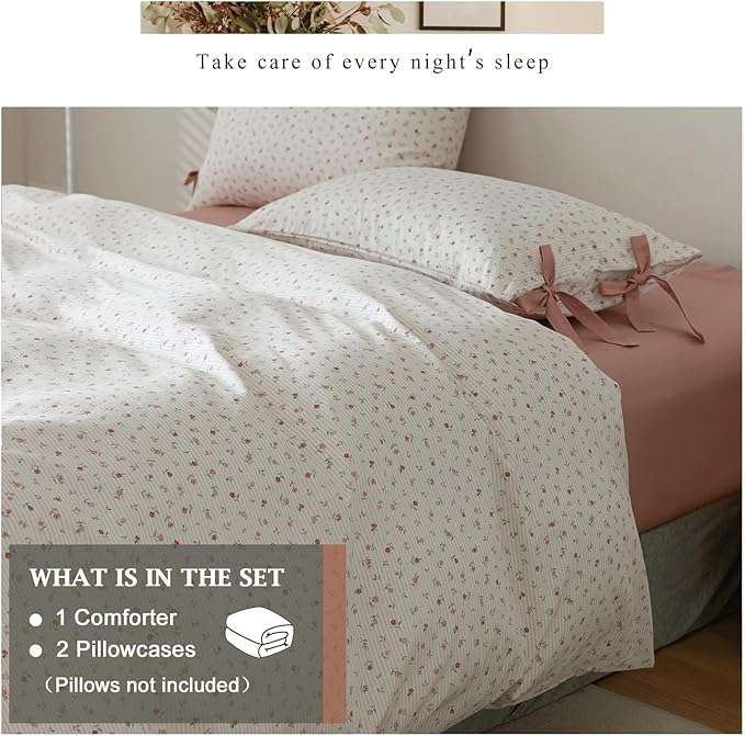 VM VOUGEMARKET Pink Floral Comforter Set King Bed in a Bag Pink Stripes Bedding Set 3 Pieces for All Seasons,Soft Comfy Girls Comforter with 2 Bowknot Pillowcases