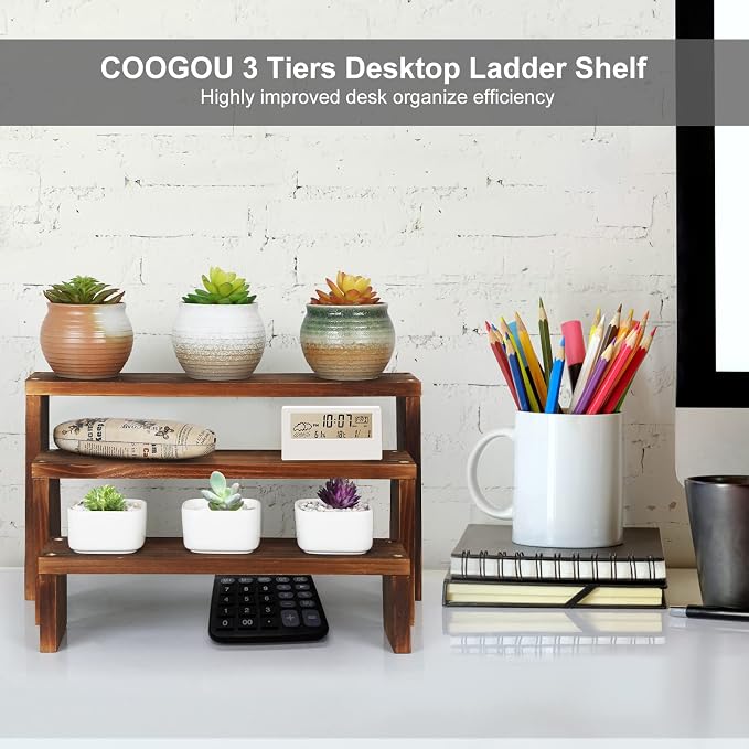 Desk Plant Stand Windowsill Plant Shelf 3 Tiers Wooden Tabletop Plant Shelves Small Countertop Desktop Shelf for Succulent Cupcake Stands Spice Rack
