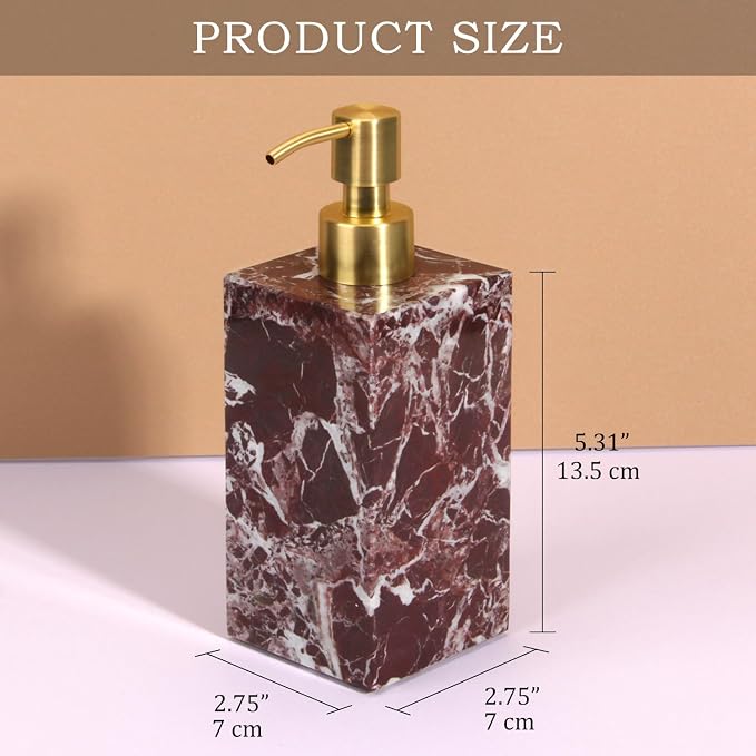Natural Marble Soap Dispenser for Bathroom and Kitchen Countertop - 5.41 Ounces Hand Lotion and Liquid Stone Shampoo Laundry Bottle with Pump (1, Rosso Lepanto, Rectangular Bottle)
